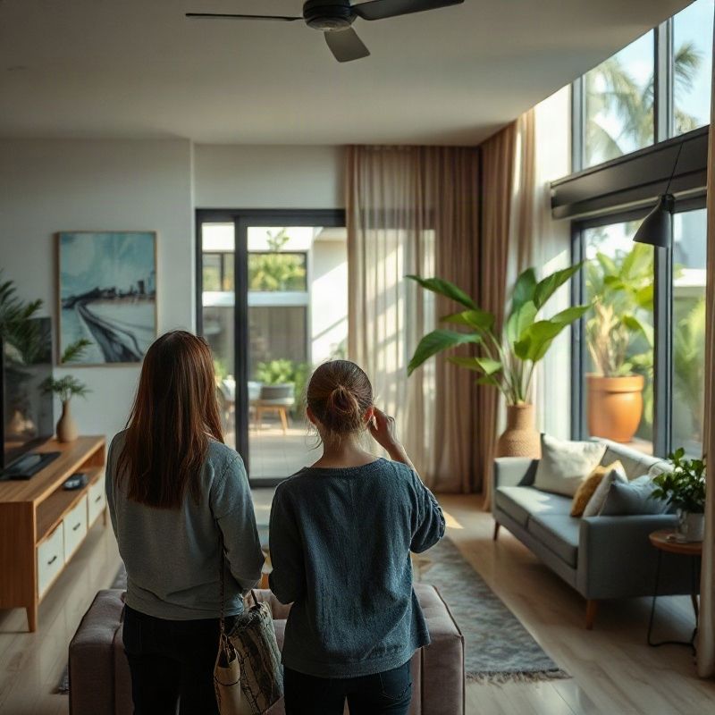 Buyers viewing an apartment living room during a guided visit